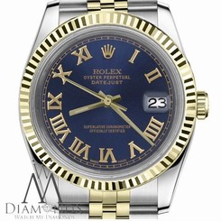 Rolex Classic Fluted 31mm Datejust 18K Gold & SS 2Tone Navy Blue Roman Numeral
