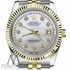 Men`s Rolex 36mm Datejust2Tone White MOP Mother of Pearl String Diamond Dial