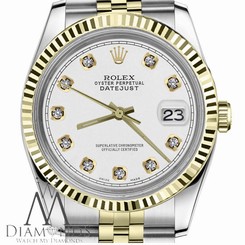 Rolex 31mm Datejust 18K Fluted Bezel & Stainless Steel 2Tone White Diamond Face