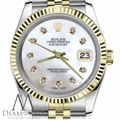 Diamond Rolex 26mm Datejust 18K SS 2Tone White MOP Mother of Pearl Dial Jubilee