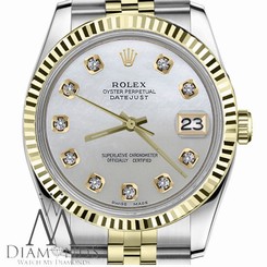 Diamond 18K/SS Rolex 26mm Datejust White MOP Mother Of Pearl Dial Jubilee Watch