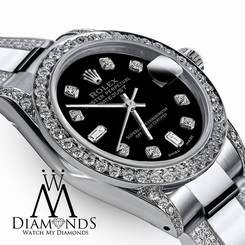 Women's 31mm Rolex S/STEEL Oyster Perpetual Datejust Custom Diamonds Black Dial