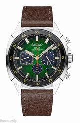 New Seiko SSC513 Solar Chronograph Brown Leather Strap Green Dial Men's Watch