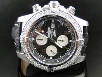 Mens 1 Row Breitling Super Avenger Aeromarine 48 MM Genuine Diamond Watch 3.5 Ct