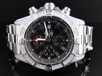 Mens XL Breitling Black Dial Genuine Diamond Stainless Steel Band Watch 2.5 Ct