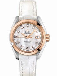 Omega Watches : 231.23.30.20.55.001 30mm Automatic Chronometer Aqua Terra White Mother Of Pearl Dial Rose Gold Case, Diamonds With White Leather Strap Women Watch