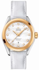 Omega Watches : 231.23.34.20.55.002 Automatic White Mother of Pearl Diamond Dial 18k Yellow Gold and Stainless Steel Case White Leather Women Watch