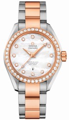 Omega Watches : 231.25.34.20.55.005 Automatic Chronometer White Mother of Pearl Diamond Dial Diamond Bezel 18k Rose Gold and Stainless Steel Bracelet Women Watch