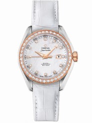 Omega Watches : 231.28.34.20.55.002 34mm Automatic Chronometer Aqua Terra Jewellery White Mother Of Pearl Dial Rose Gold Case, Diamonds With White Leather Strap Women Watch