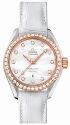 Omega Watches : 231.28.34.20.55.003 Automatic Mother of Pearl Diamond Dial 18k Rose Gold and Diamond Bezel White Leather Women Watch