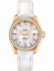 Omega Watches : 231.58.30.20.55.002 30mm Automatic Chronometer Aqua Terra Jewellery Teak White Mother Of Pearl Dial Yellow Gold Case, Diamonds With White Leather Strap Women Watch