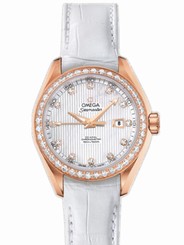Omega Watches : 231.58.34.20.55.002 34mm Automatic Chronometer Aqua Terra White Mother Of Pearl Dial Rose Gold Case, Diamonds With White Leather Strap Women Watch