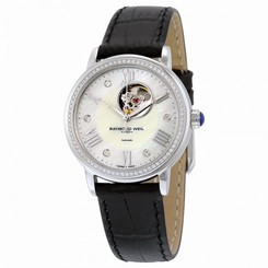 Raymond Weil Watches : 2627-SLS-00965 Automatic Open Balance Wheel Mother of Pearl Dial Stainless Steel On Case 81 Diamonds With Leather Strap Women Watch