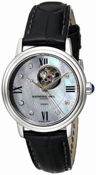 Raymond Weil Watches : 2627-STC-00994 Automatic Open Balance Wheel Mother Of Pearl Dial Steel On Leather Strap 7 Diamonds Women Watch