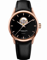 Raymond Weil Watches : 2710-PC5-20011 Automatic Open Balance Wheel Dial Rose Gold PVD Plating Case Black Leather Men Watch