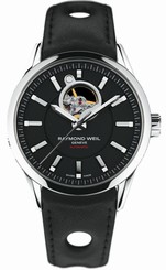 Raymond Weil Watches : 2710-STC-20001 Automatic Open Balance Wheel Black Dial Steel On Leather Strap Men Watch