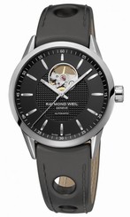Raymond Weil Watches : 2710-STC-20021 Automatic Open Balance Wheel Black Dial Steel On Leather Strap Men Watch