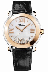 Chopard Watches : 278492-9004 Quartz Mother of Pearl Dial Date Floating Diamond 18ct Rose Gold Bezel Black Leather Women Watch