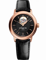 Raymond Weil Watches : 2827-PC5-20001 Automatic Open Balance Wheel Dial Rose Gold PVD Plated Stainless Steel Case Black Leather Men Watch
