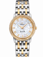Omega Watches : 413.25.27.60.05.001 27mm Prestige Quartz White Mother Of Pearl Dial Yellow Gold Case, Diamonds With Yellow Gold And Stainless Steel Bracelet Women Watch