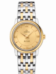 Omega Watches : 424.20.27.60.08.001 27.4mm Prestige Quartz Champagne Gold Dial Yellow Gold Case With Yellow Gold And Stainless Steel Bracelet Women Watch