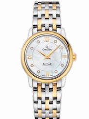 Omega Watches : 424.20.27.60.55.001 27.4mm Prestige Quartz White Mother Of Pearl Dial Yellow Gold Case, Diamonds With Yellow Gold And Stainless Steel Bracelet Women Watch