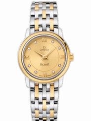 Omega Watches : 424.20.27.60.58.001 27.4mm Prestige Quartz Champagne Gold Dial Yellow Gold Case, Diamonds With Yellow Gold And Stainless Steel Bracelet Women Watch