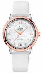 Omega Watches : 424.22.33.20.55.001 Automatic Chronometer Mother of Pearl Diamond Dial 18k Rose Gold Bezel White Leather Women Watch