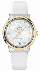 Omega Watches : 424.22.33.20.55.002 Automatic Chronometer White Mother of Pearl Diamond Dial Date White Satin-Brushed Leather Women Watch