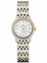Omega Watches : 424.25.24.60.55.001 24.4mm Prestige Quartz White Mother Of Pearl Dial Yellow Gold Case, Diamonds With Yellow Gold And Stainless Steel Bracelet Women Watch