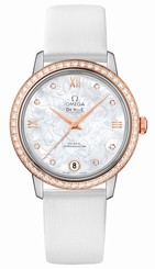 Omega Watches : 424.27.33.20.55.001 Automatic Chronometer Mother of Pearl Diamond Dial 18k Rose Gold Diamond Bezel White Leather Women Watch
