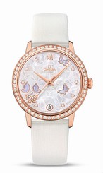 Omega Watches : 424.57.33.20.55.002 Automatic White Mother of Pearl Diamond Dial 18k Rose Gold Diamond Case White Satin-Brushed Leather Women Watch