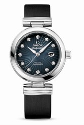 Omega Watches : 425.32.34.20.56.001 Automatic Blue Diamond Date Dial Satin-Brushed Black Leather Strap Women Watch