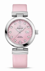 Omega Watches : 425.32.34.20.57.001 Automatic Pink Mother of Pearl Diamond Dial Date Pink Satin-Brushed Leather Strap Women Watch
