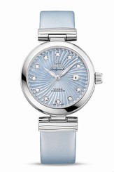 Omega Watches : 425.32.34.20.57.002 Automatic Blue Mother of Pearl Diamond Dial Date Blue Satin-Brushed Leather Women Watch