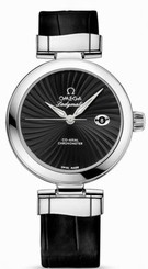 Omega Watches : 425.33.34.20.01.001 34mm Ladymatic Black Dial Stainless Steel Case With Black Leather Strap Women Watch