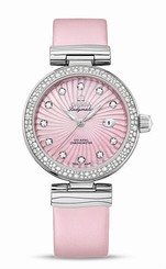Omega Watches : 425.37.34.20.57.001 Automatic Diamond Indexes Date Diamond Bezel Pink Satin-Brushed Leather Women Watch