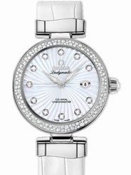 Omega Watches : 425.38.34.20.55.001 34mm Ladymatic White Mother Of Pearl Dial Stainless Steel Case, Diamonds With White Leather Strap Women Watch