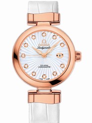 Omega Watches : 425.63.34.20.55.001 34mm Ladymatic White MOther Of Pearl Dial Rose Gold Case, Diamonds With White Leather Strap Women Watch