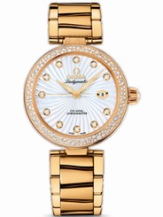 Omega Watches : 425.63.34.20.55.002 34mm Ladymatic White Mother Of Pearl Dial Yellow Gold Case, Diamonds With White Leather Strap Women Watch