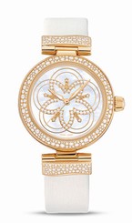 Omega Watches : 425.67.34.20.55.005 Automatic White Mother of Pearl Diamond Dial 18k Yellow Gold and Diamond Bezel White Satin Brushed Leather Women Watch