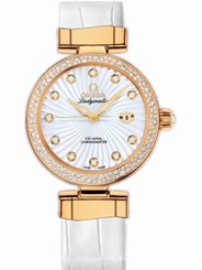 Omega Watches : 425.68.34.20.55.003 34mm Ladymatic White Mother Of Pearl Dial Yellow Gold Case, Diamonds With White Leather Strap Women Watch