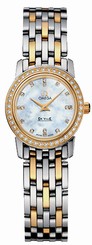 Omega Watches : 4375.75.00 22mm Prestige Quartz White Mother Of Pearl Dial Yellow Gold Case, Diamonds With Yellow Gold And Stainless Steel Bracelet Women Watch