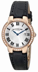 Raymond Weil Watches : 5229-PCS-01659 Quartz Roman Numerals Dial Date Diamond Rose Gold PVD Plating Bezel Black Leather Women Watch