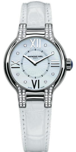 Raymond Weil Watches : 5932-SLS-00995 Quartz Noemia 32 Mm Mother Of Pearl Dial Stainless Steel Case And 72 Diamonds With White Leather Strap Women Watch