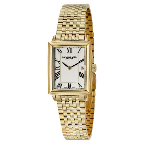 Raymond Weil Watches : 5956-P-00300 Quartz Date Roman Numeral White Dial Gold Tone Stainless Steel Women Watch