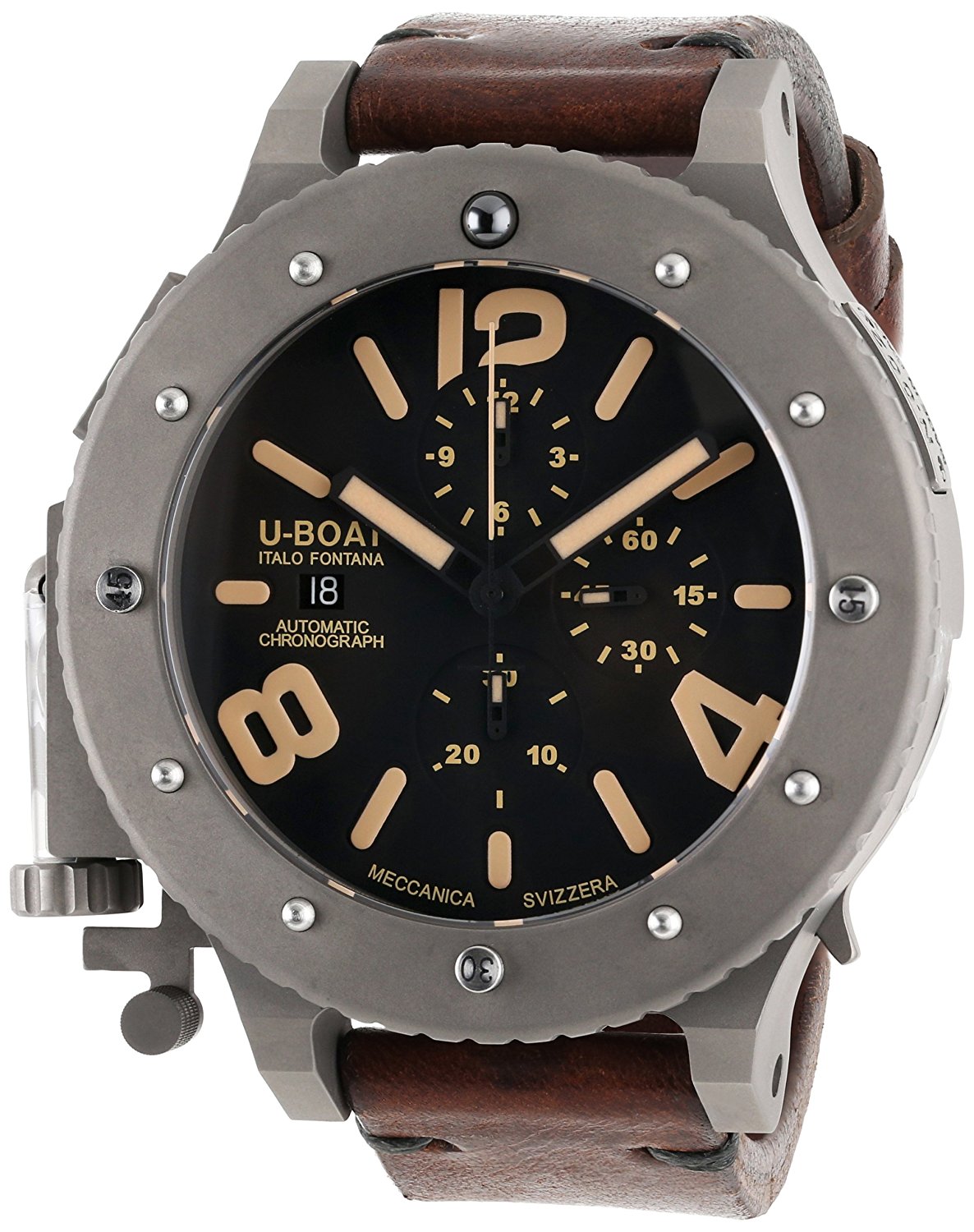 U-Boat Watches : 6475 Automatic Chronograph Date Titanium Case Brown Leather Men Watch