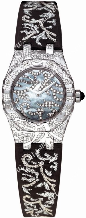 Audemars Piguet Watches : 67607BC.ZZ.D001SU.01 Quartz 18kt White Gold Black Mother Of Pearl Dial Black Satin Band Women Watch
