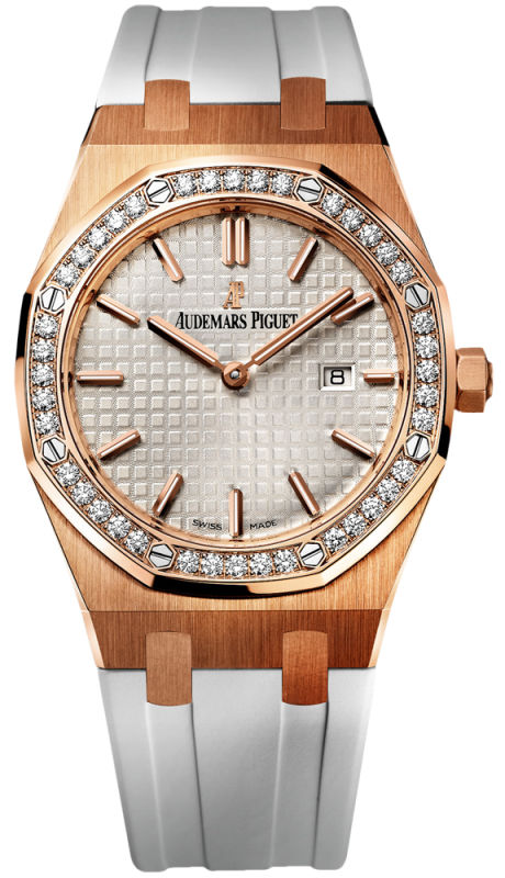 Audemars Piguet Watches : 67651OR.ZZ.D010CA.01 Quartz 18kt Rose Gold Silver Dial White Rubber Band Women Watch