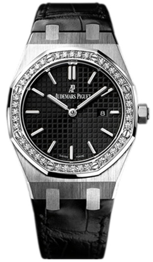 Audemars Piguet Watches : 67651ST.ZZ.D002CR.01 Quartz Brushed Stainless Steel Black Dial Black Crocodile Leather Band Women Watch